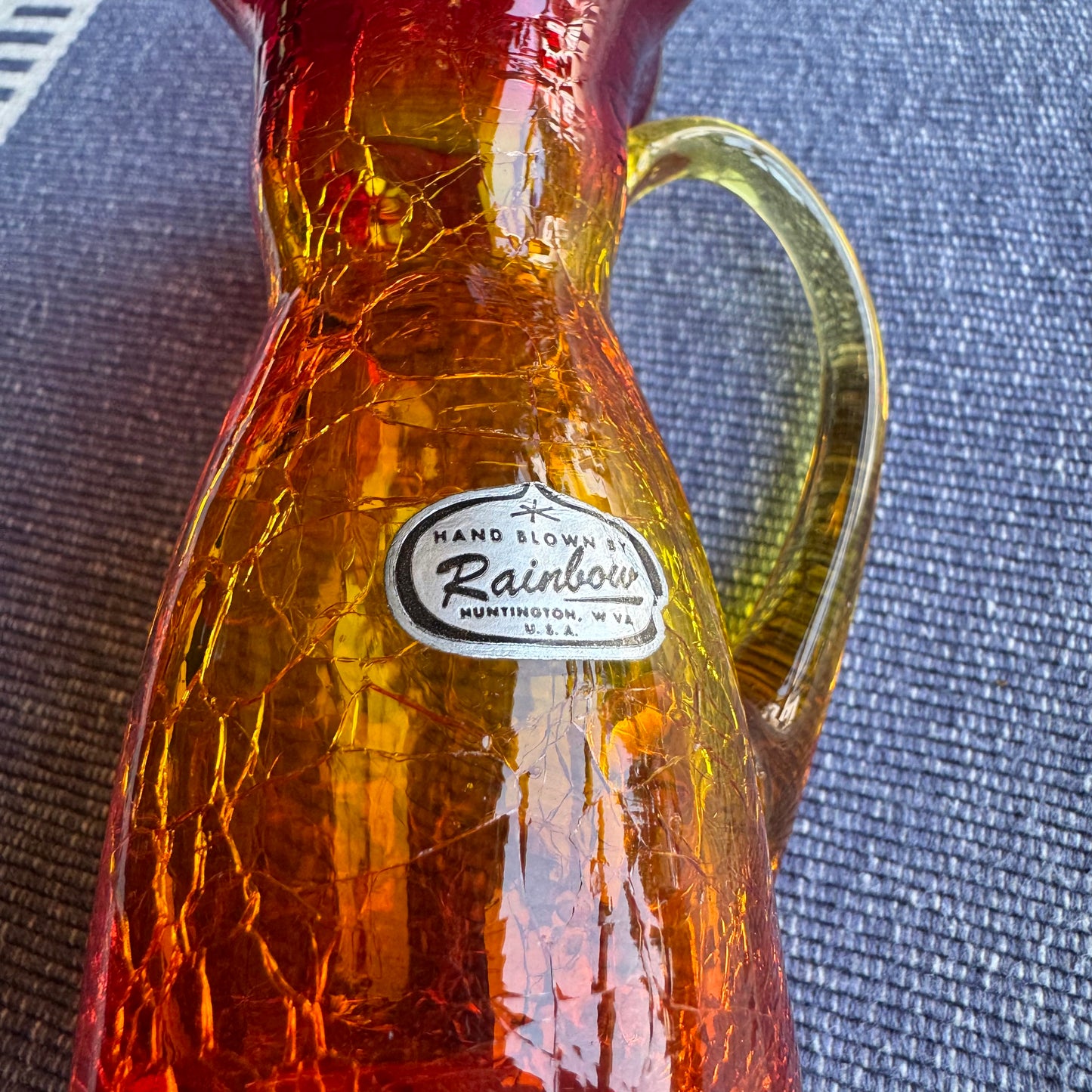 Vintage 1960s Rainbow Art Glass Amberina Crackle Pitcher 5" Ruffled Creamer