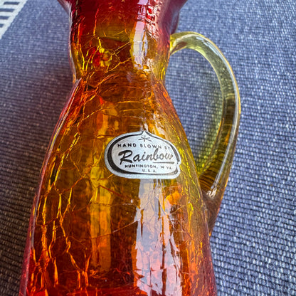 Vintage 1960s Rainbow Art Glass Amberina Crackle Pitcher 5" Ruffled Creamer