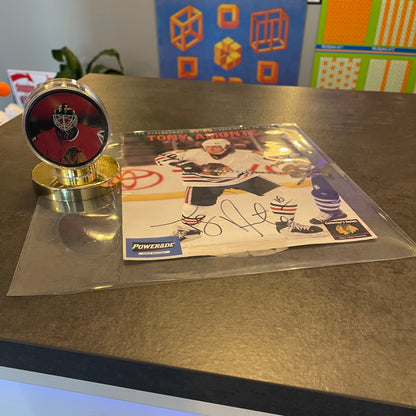 Blackhawks Belfour Puck and Almonte Autograph
