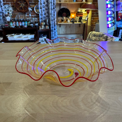 Signed Art Glass Bowl Red Yellow Swirl