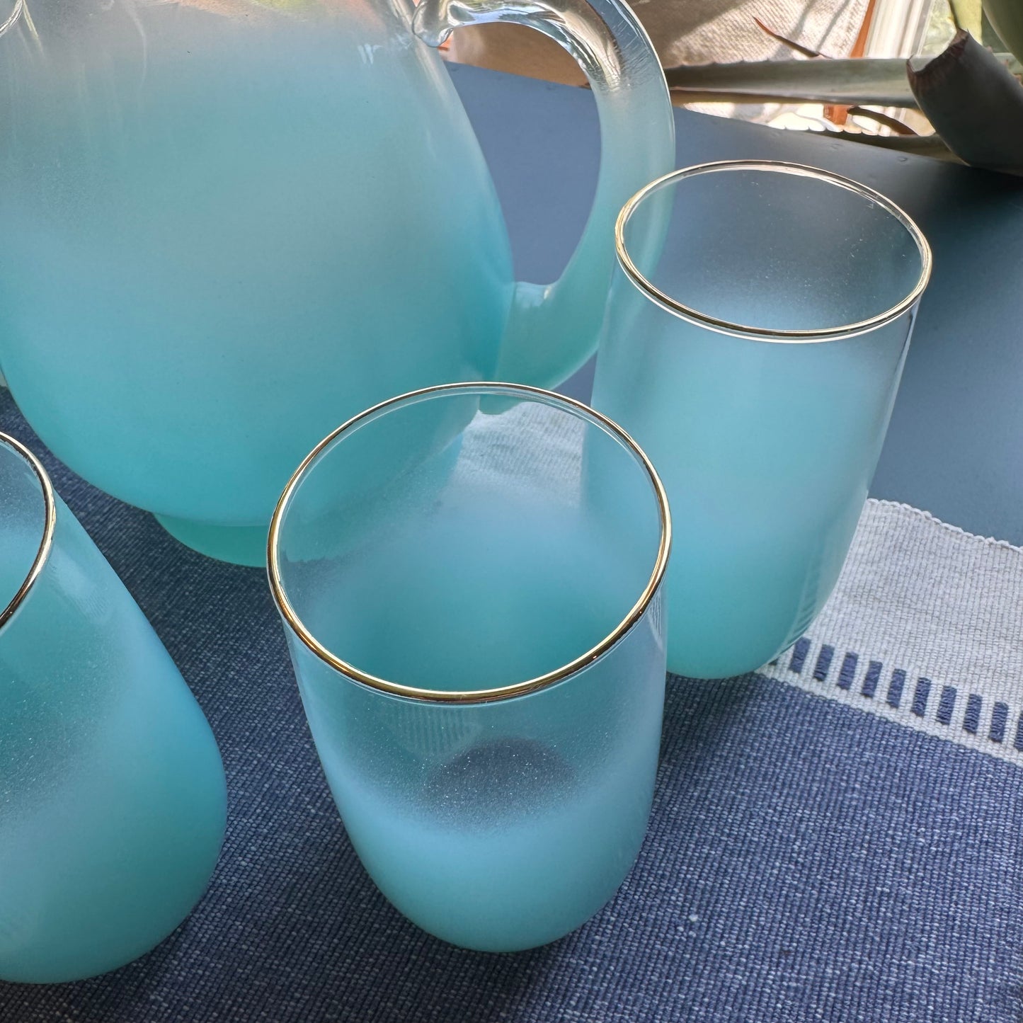Vintage 1960s Blue Blendo Glassware Refreshment Set | Pitcher & 6 Tumblers