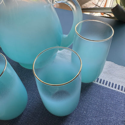 Vintage 1960s Blue Blendo Glassware Refreshment Set | Pitcher & 6 Tumblers