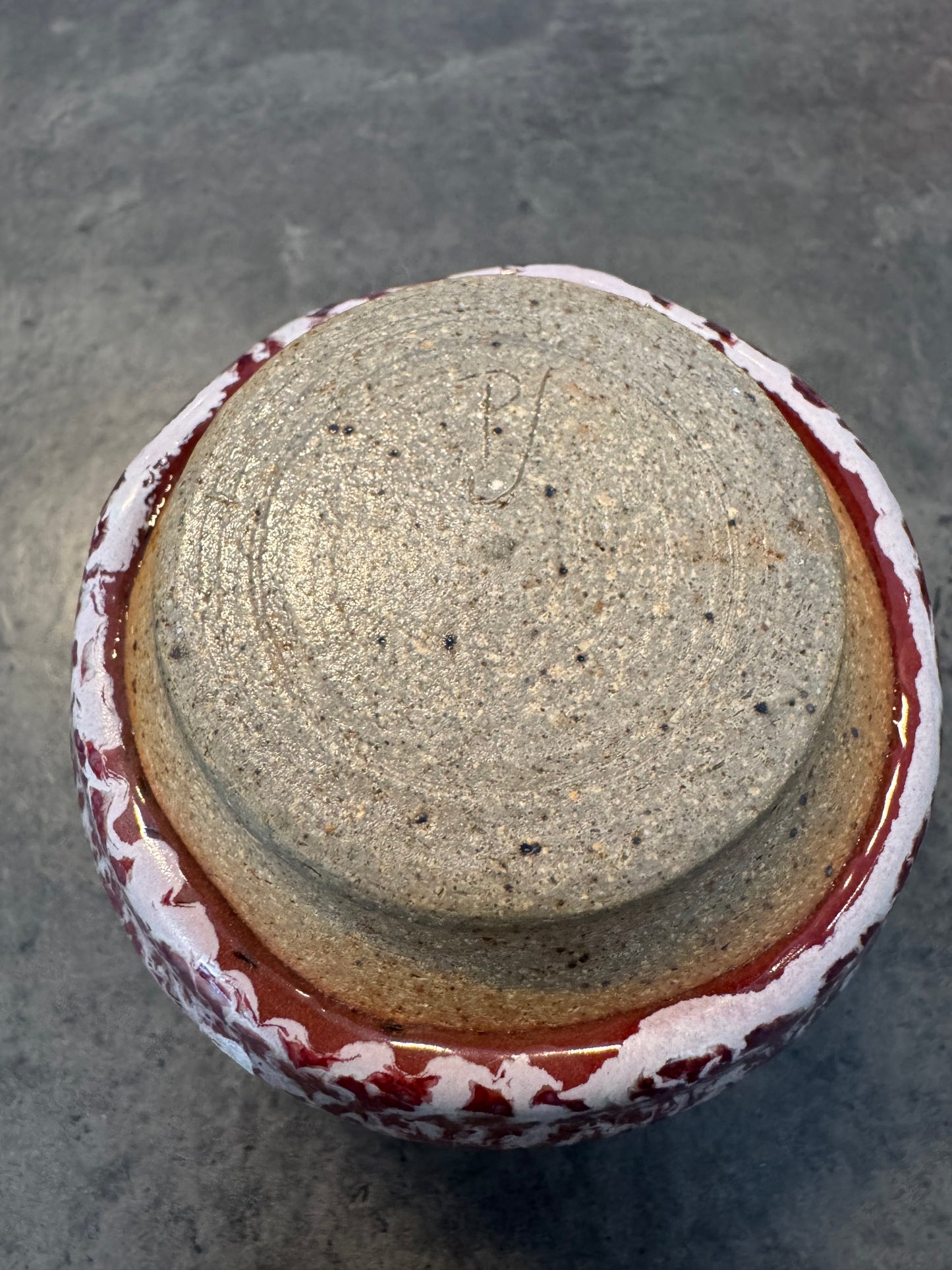 Red Glazed Pottery Bowl Signed PJ 3"
