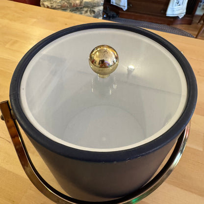 Vintage 1960s Navy Blue Ice Bucket with Faux Leather Grain & Brass Accents