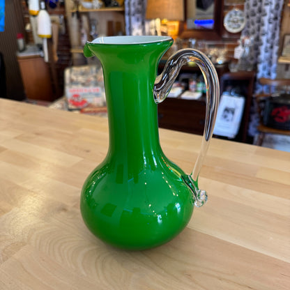 Vintage 1960s Green Cased Glass Pitcher - Mid-Century Blown Art Glass (9" x 7")