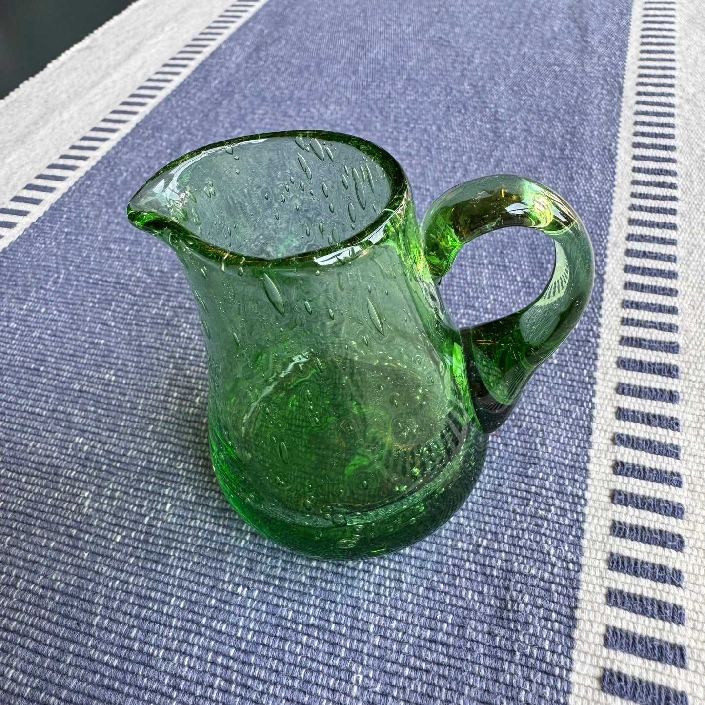 Hand-Blown Green Crackled Glass Creamer 3"