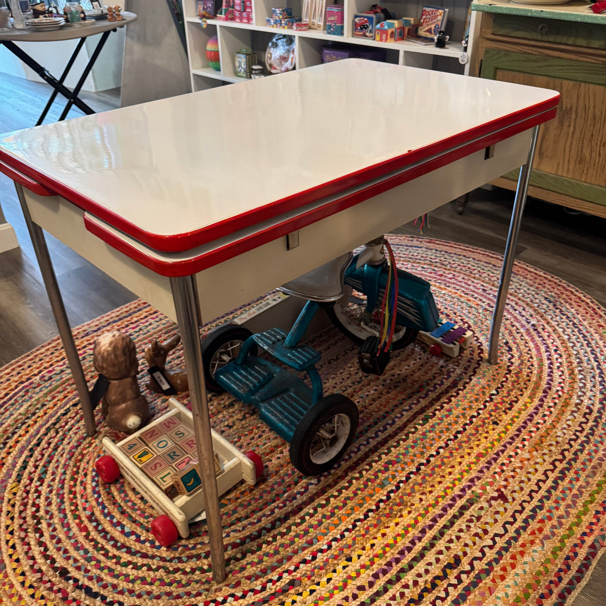 Red and White Enamel Kitchen Table with Drawer and Extensions