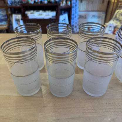 Set of 7 Frosted Glass Pitcher & Tumbler Set with Silver Trim