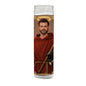 Candle with a printed design of a person in a red robe and helmet on a white background