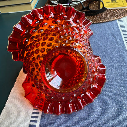Vintage 1960s Fenton Style Orange Red Amberina Hobnail Glass Basket