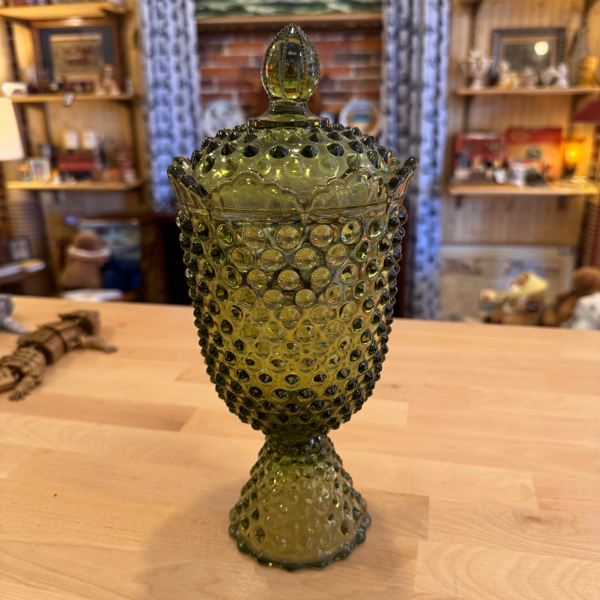 Green Hobnail Glass Lidded Jar