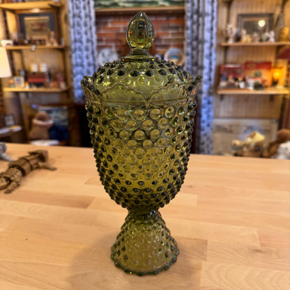Green Hobnail Glass Lidded Jar