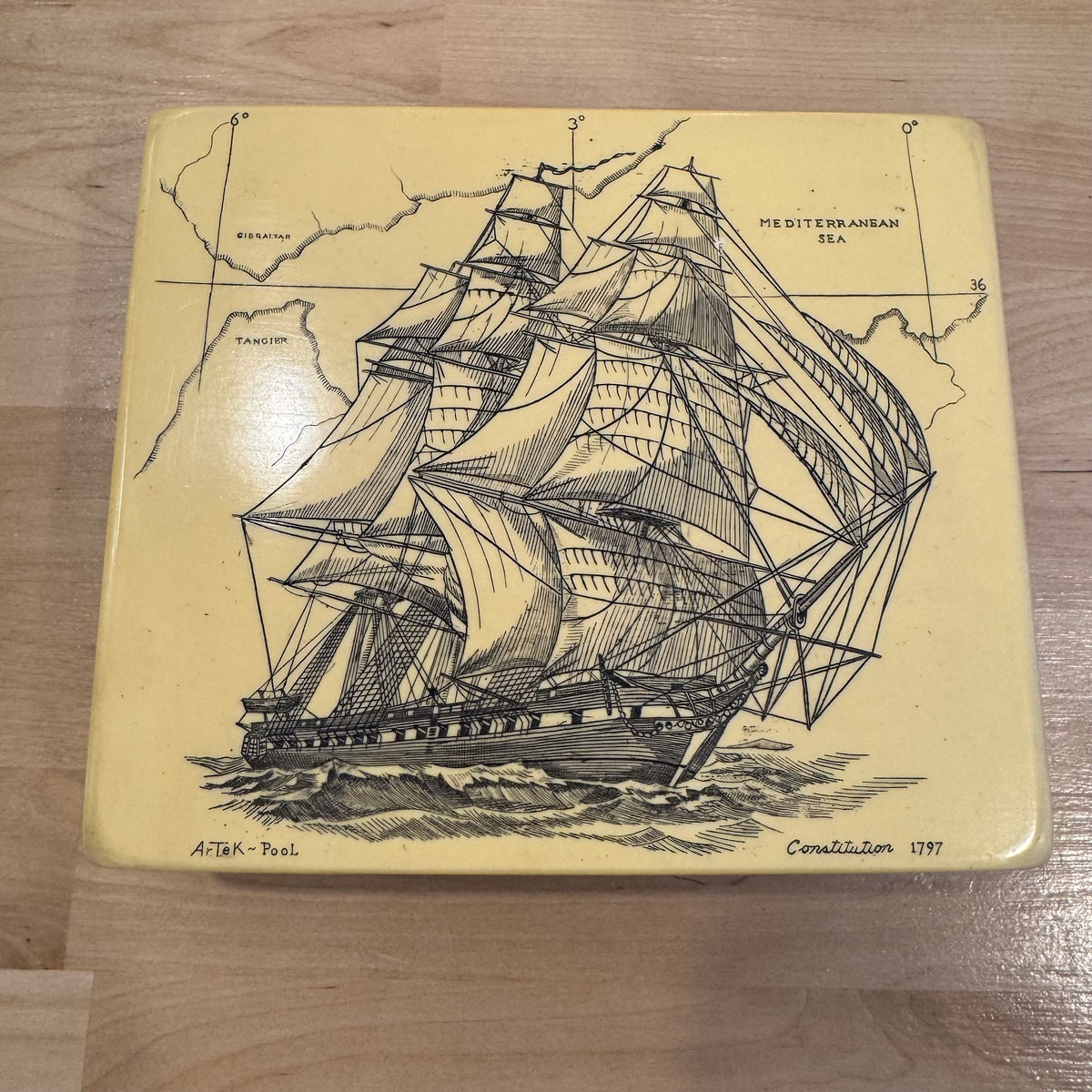 Faux Scrimshaw Constitution Ship Box