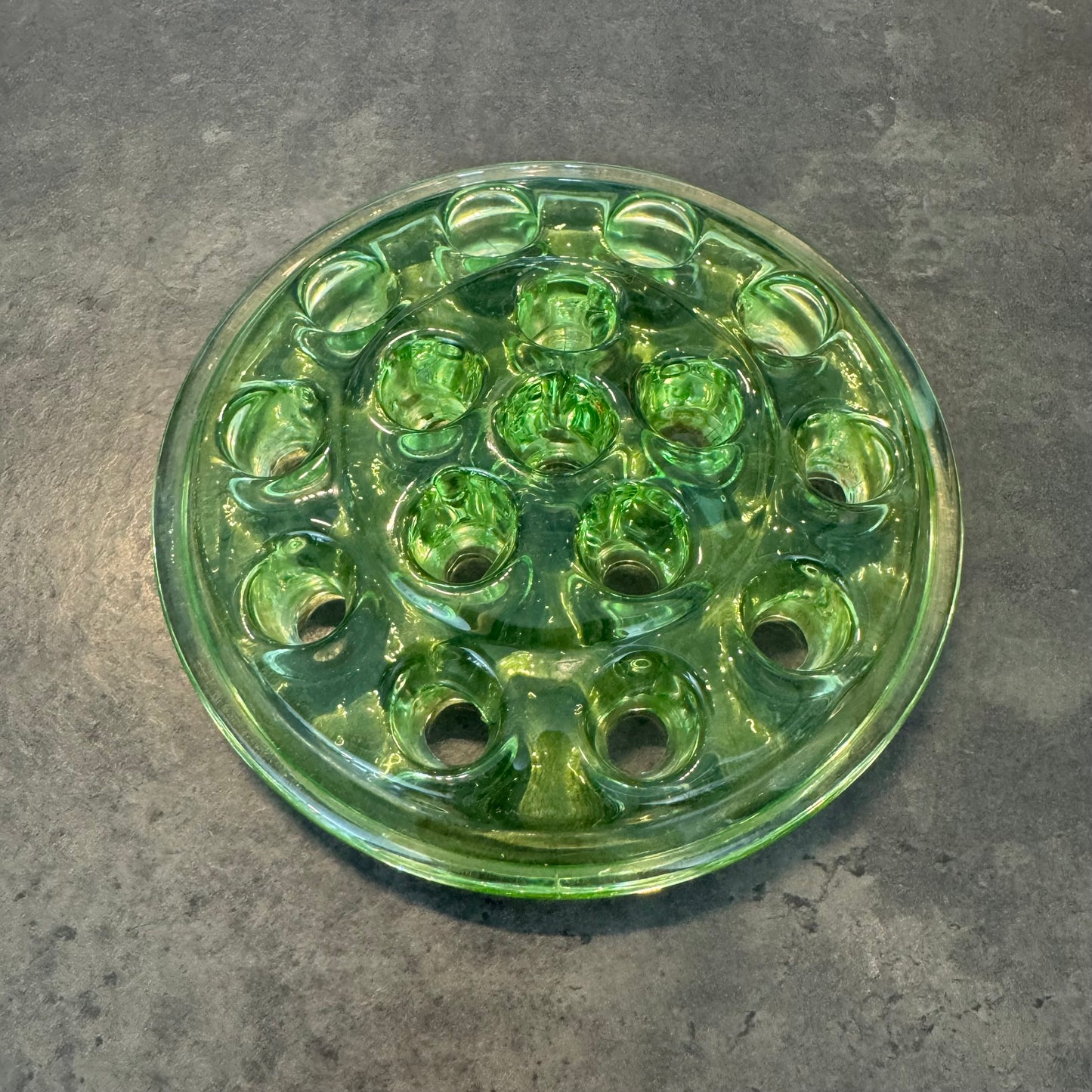 Vintage Green Glass Flower Frog (16-Hole)