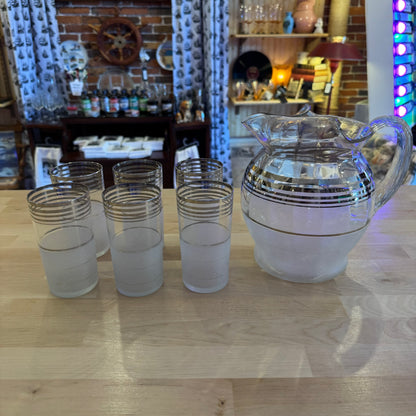 Set of 7 Frosted Glass Pitcher & Tumbler Set with Silver Trim