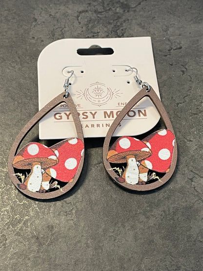 Wooden Teardrop Mushroom Earrings