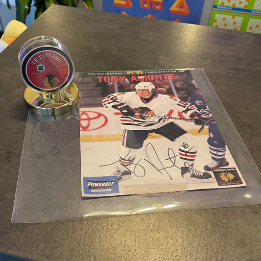 Blackhawks Belfour Puck and Almonte Autograph