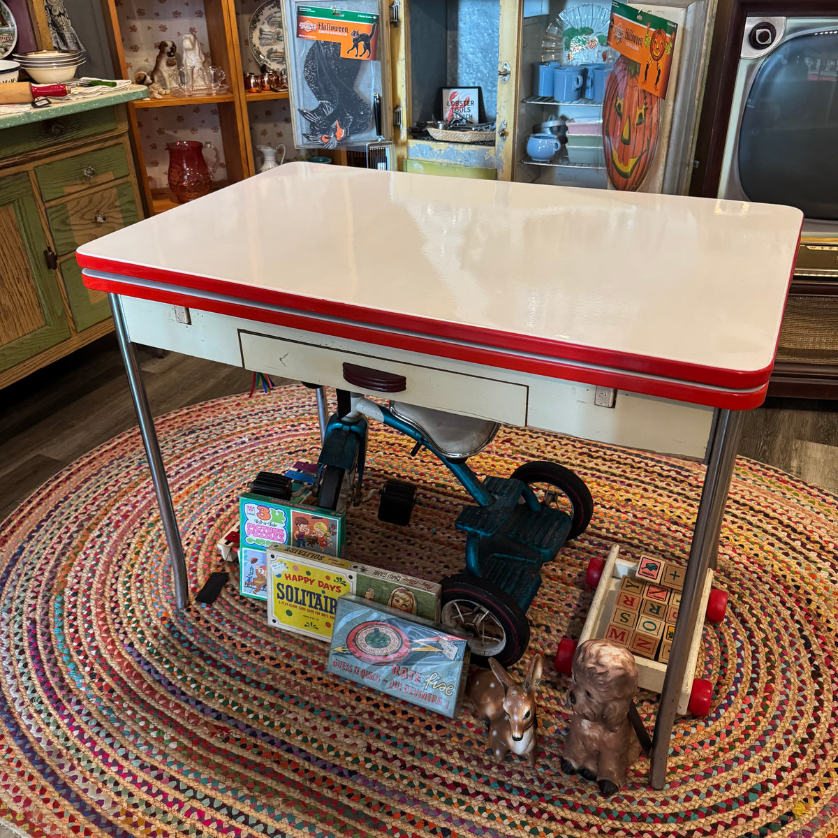 Red and White Enamel Kitchen Table with Drawer and Extensions