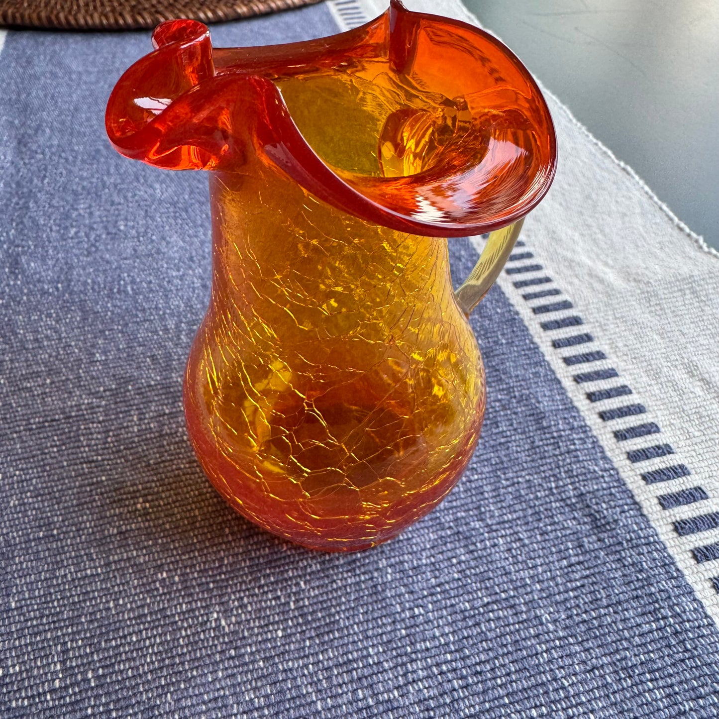 Hand-Blown Red & Yellow Amberina Crackled Glass Creamer Ruffled Top