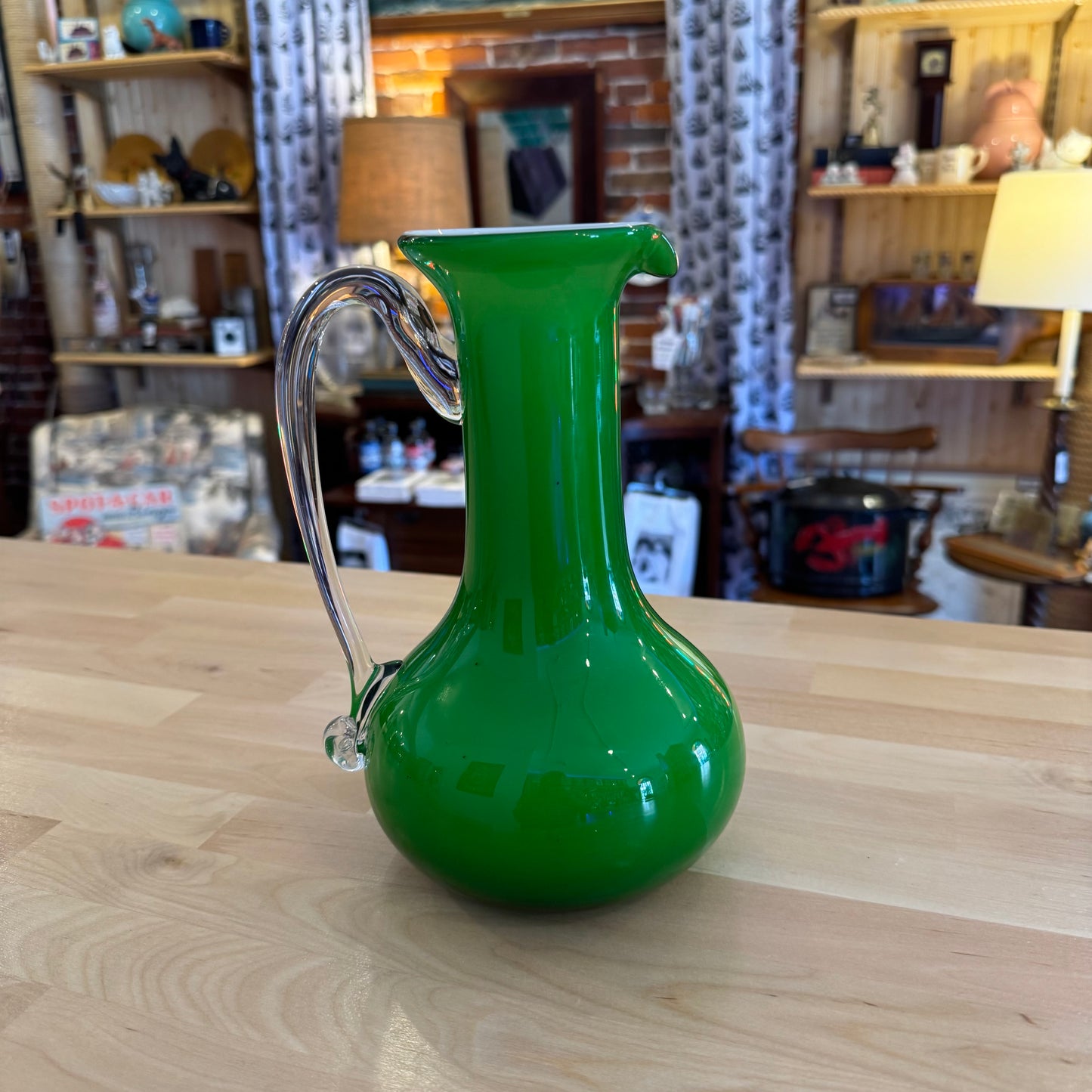 Vintage 1960s Green Cased Glass Pitcher - Mid-Century Blown Art Glass (9" x 7")