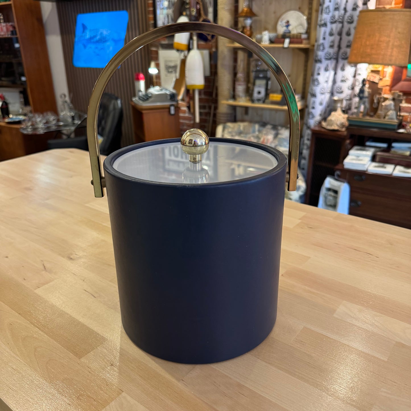 Vintage 1960s Navy Blue Ice Bucket with Faux Leather Grain & Brass Accents