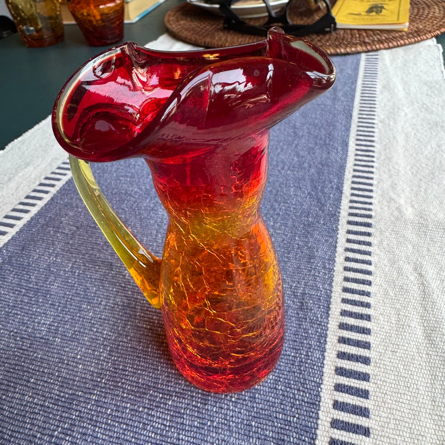 Vintage 1960s Rainbow Art Glass Amberina Crackle Pitcher 5" Ruffled Creamer