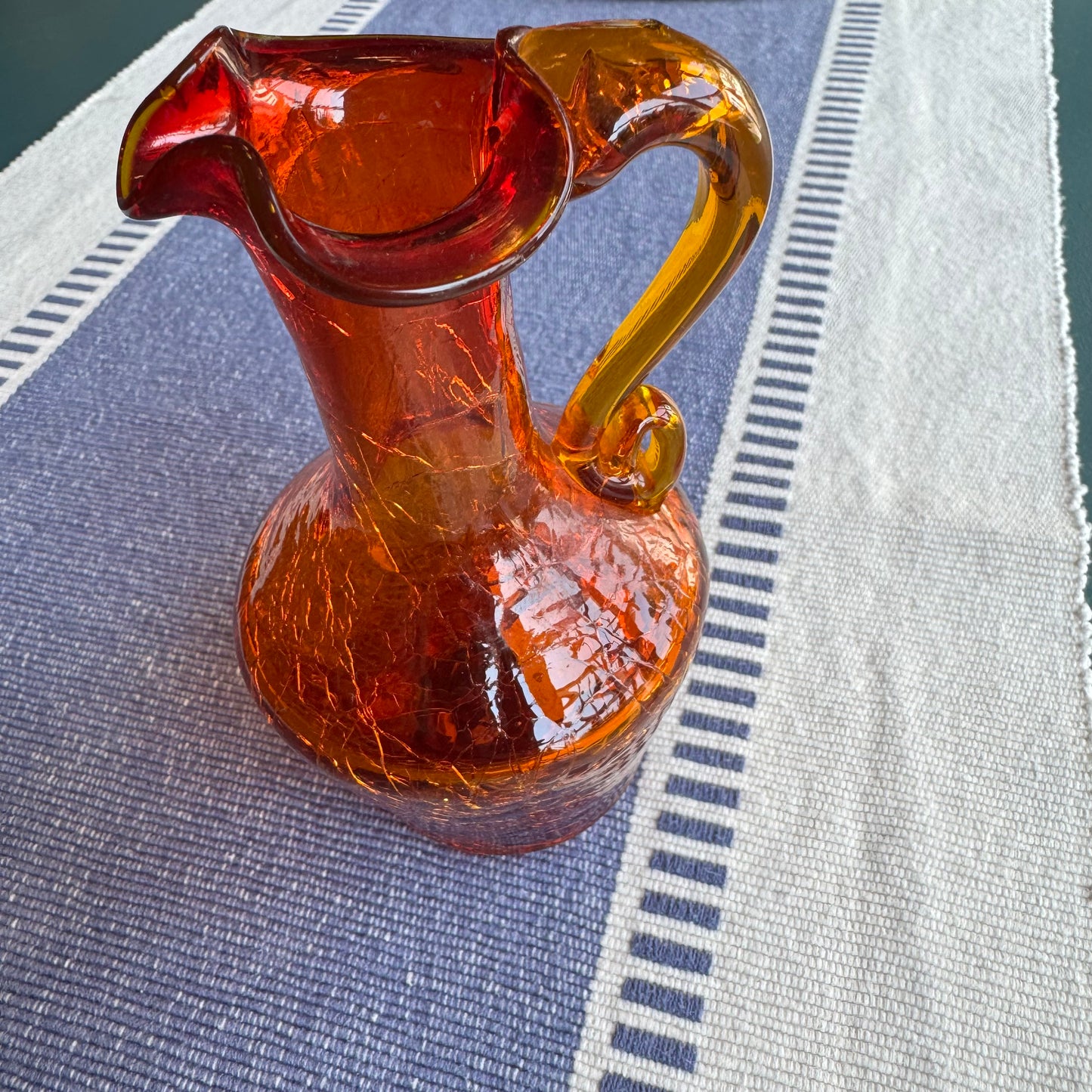 Hand-Blown Red & Yellow Amberina Crackled Glass Creamer 5" Ruffled Top