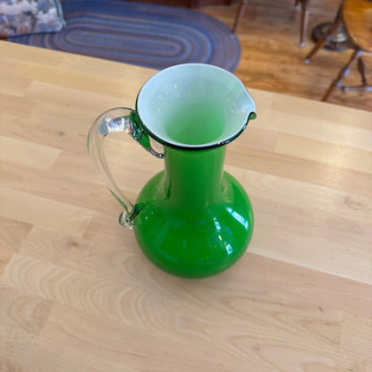 Vintage 1960s Green Cased Glass Pitcher - Mid-Century Blown Art Glass (9" x 7")
