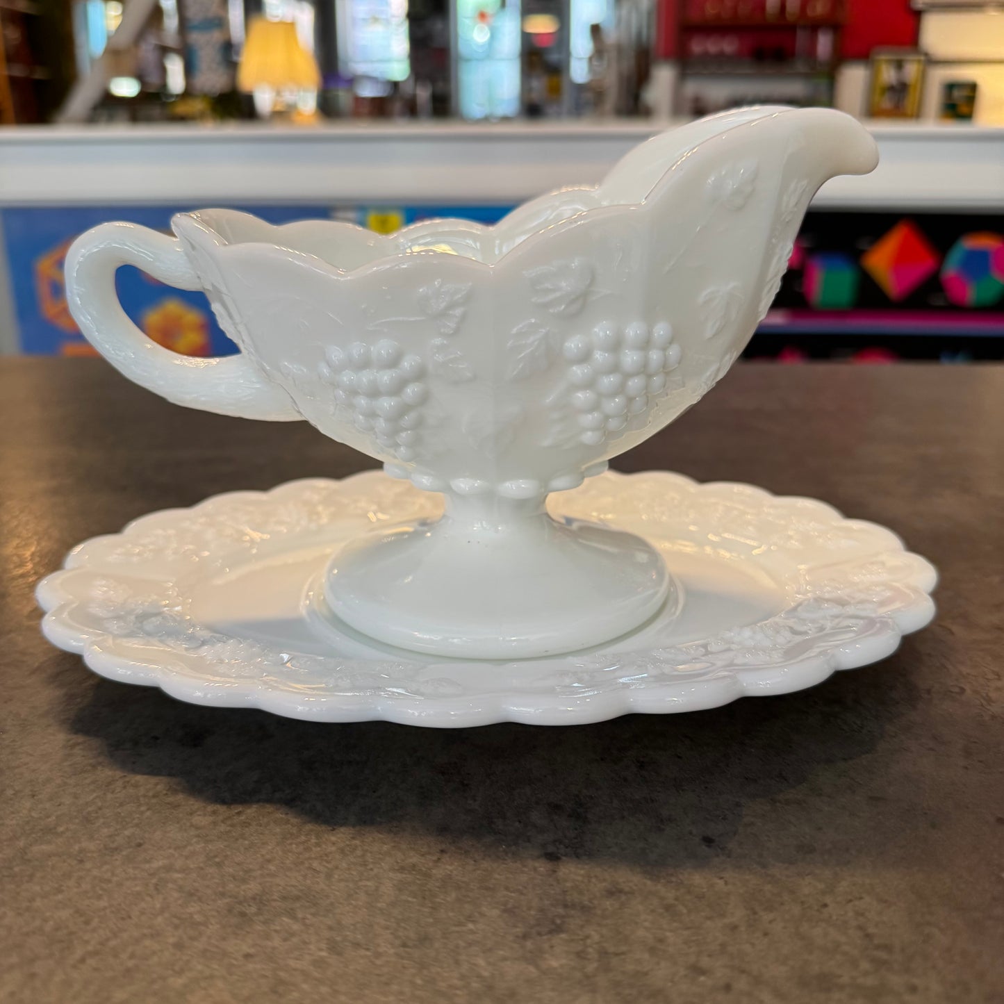 McKee Milk Glass Grape Pattern Gravy Boat and Underplate Set