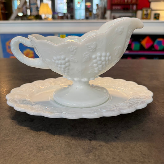 McKee Milk Glass Grape Pattern Gravy Boat and Underplate Set