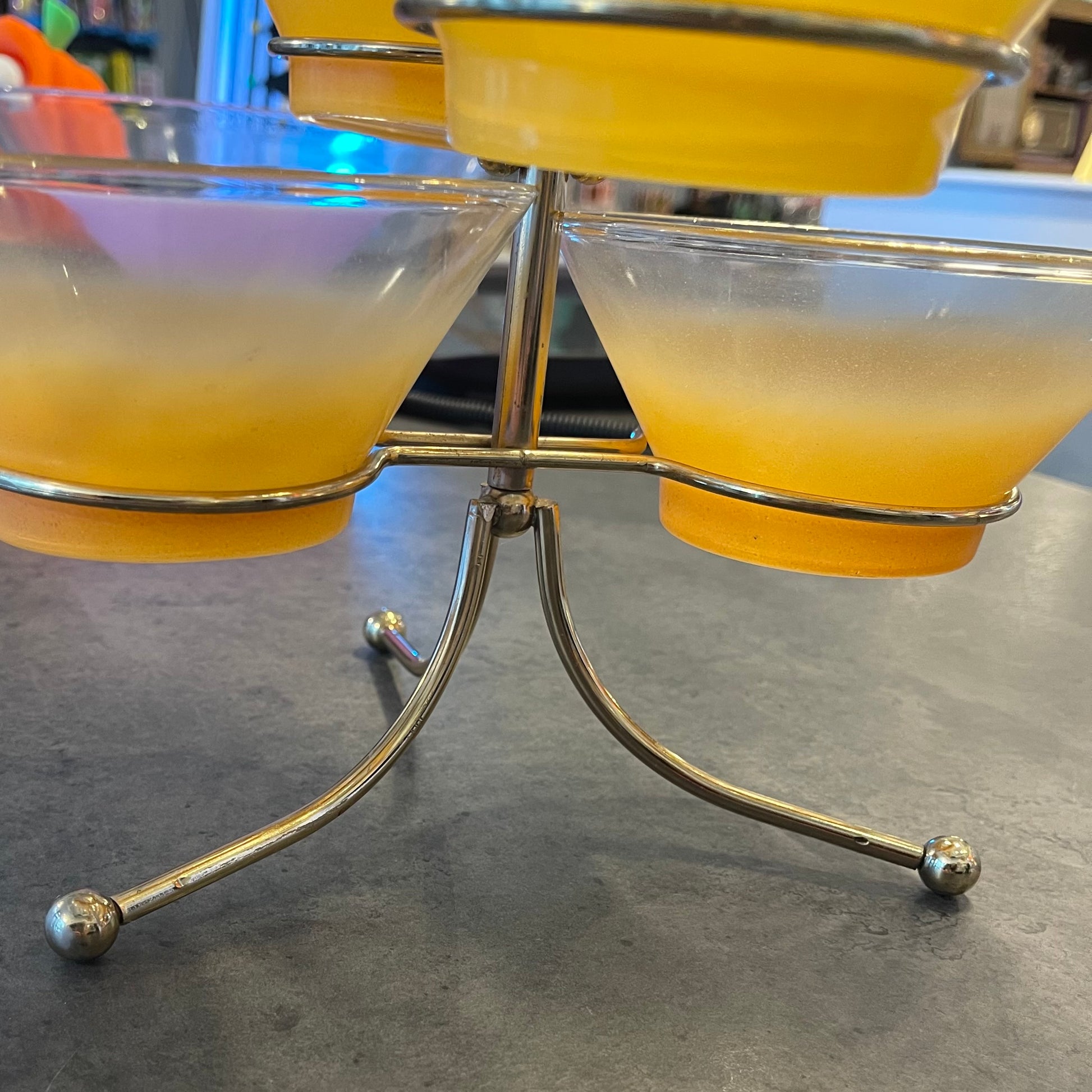 W. Virginia Glass Blendo 4 Bowl Spinning Condiment Caddy Stand Yellow