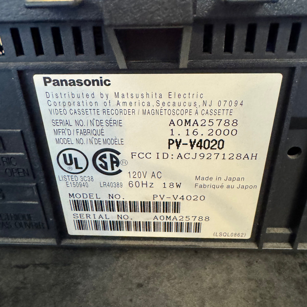 Panasonic PV-4020 VCR (Working)