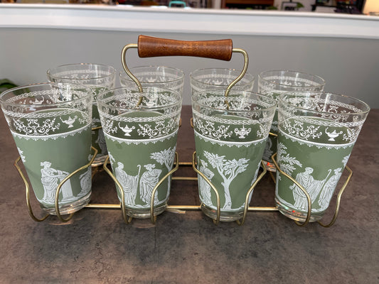 Jeanette Glass Hellenic Jasperware Set of 8 Glasses with Caddy