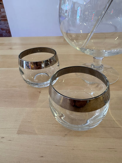 Set of 6 Cocktail Glasses with Silver Band / Striped Rims – Mid-Century Modern Barware