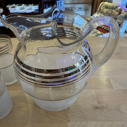 Set of 7 Frosted Glass Pitcher & Tumbler Set with Silver Trim