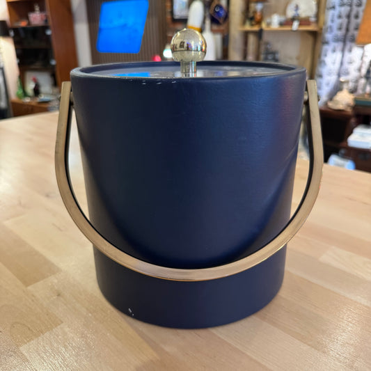 Vintage 1960s Navy Blue Ice Bucket with Faux Leather Grain & Brass Accents