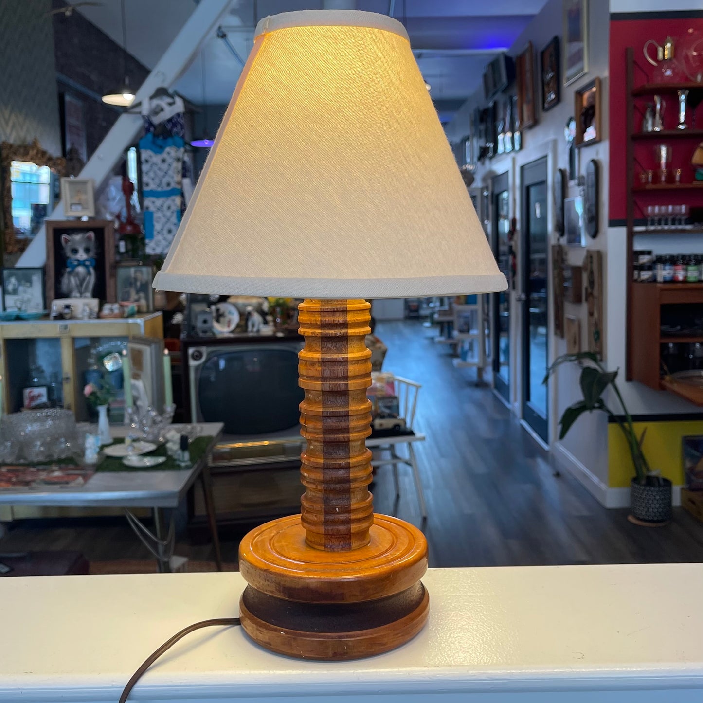 Hand Turned Wooden Lamp with Shade