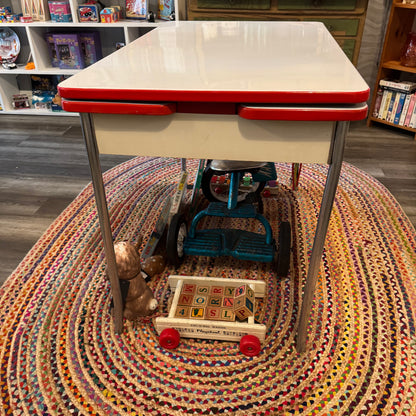 Red and White Enamel Kitchen Table with Drawer and Extensions