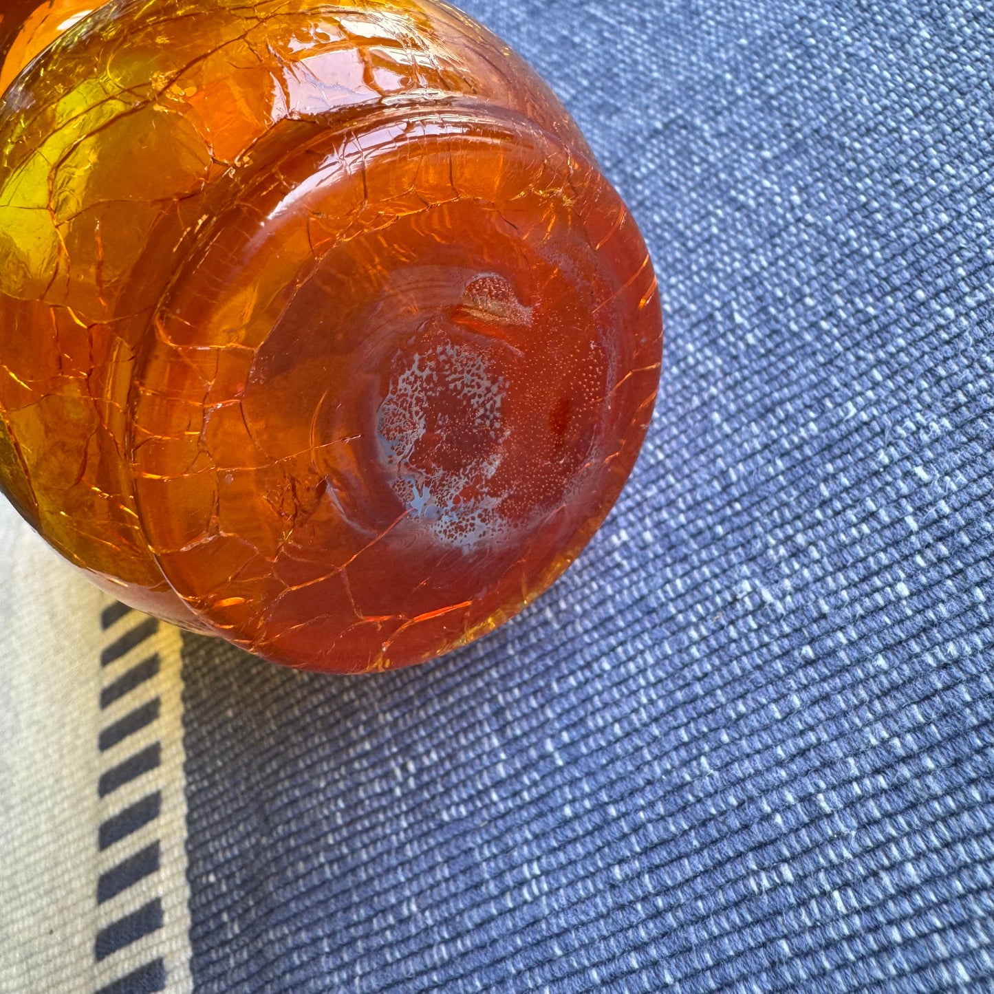 Hand-Blown Red & Yellow Amberina Crackled Glass Creamer Ruffled Top