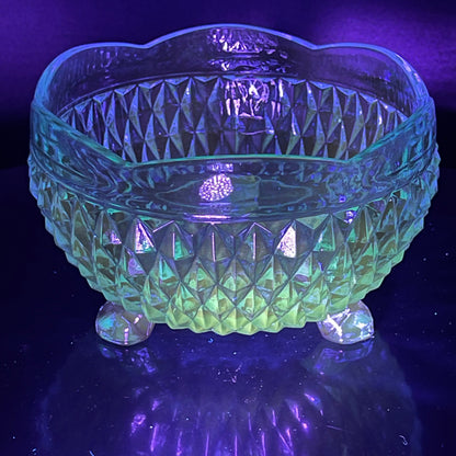 Decorative glass bowl with diamond pattern under a purple light