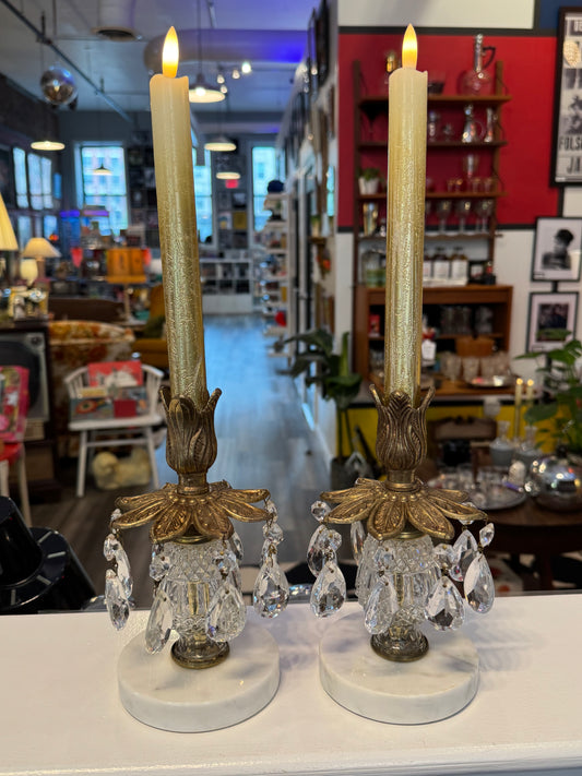 Brass Crystal & Marble Base Candlesticks