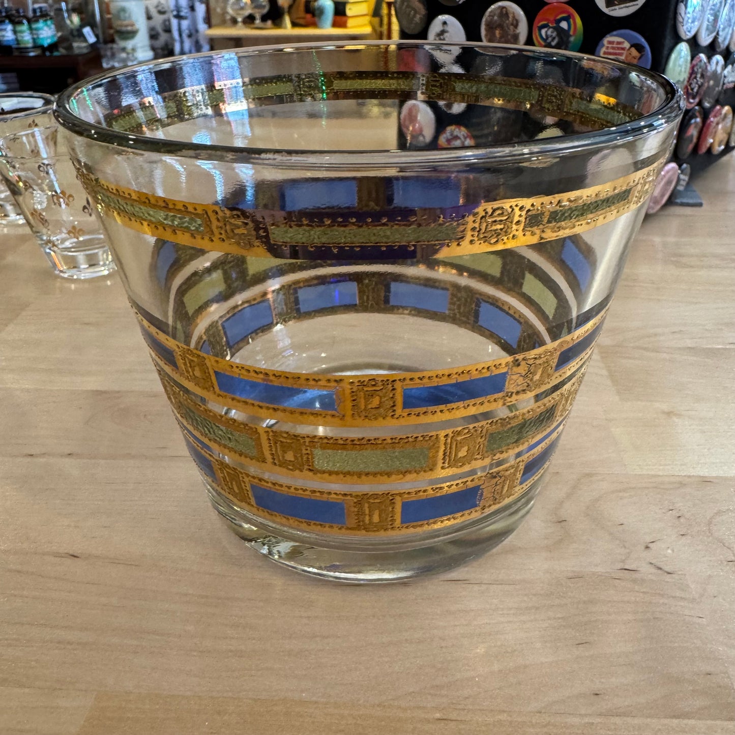 Mid Century Ice Bucket Glass Gold Blue/Green