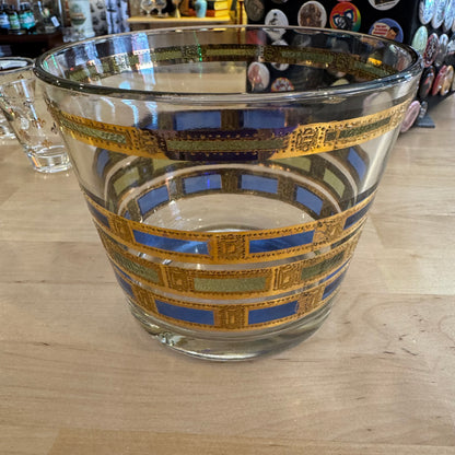 Mid Century Ice Bucket Glass Gold Blue/Green