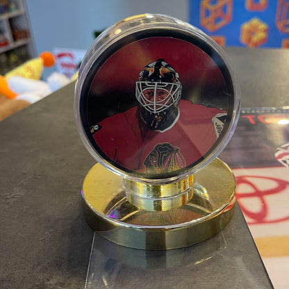 Blackhawks Belfour Puck and Almonte Autograph
