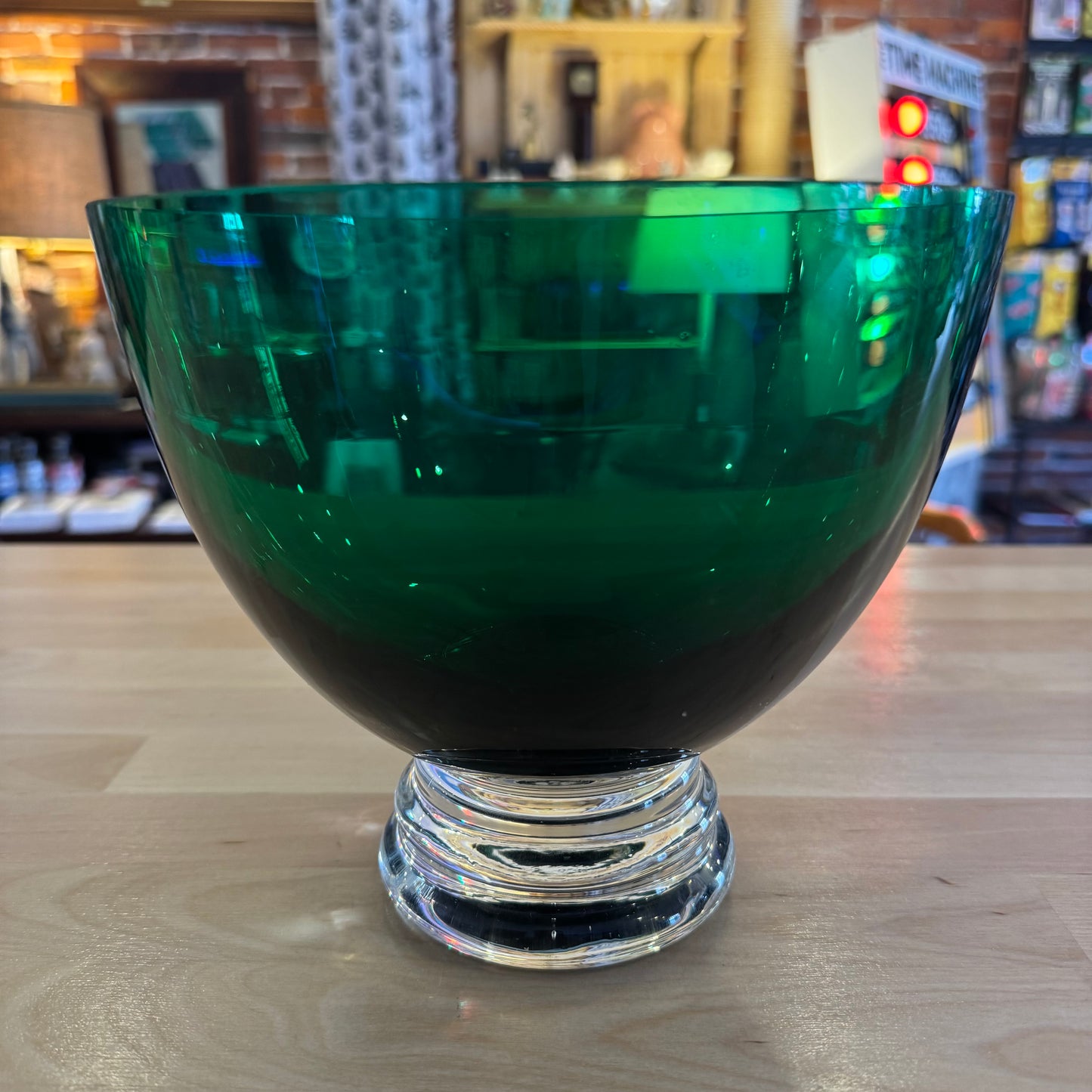 Green Glass Bowl with Clear Bottom
