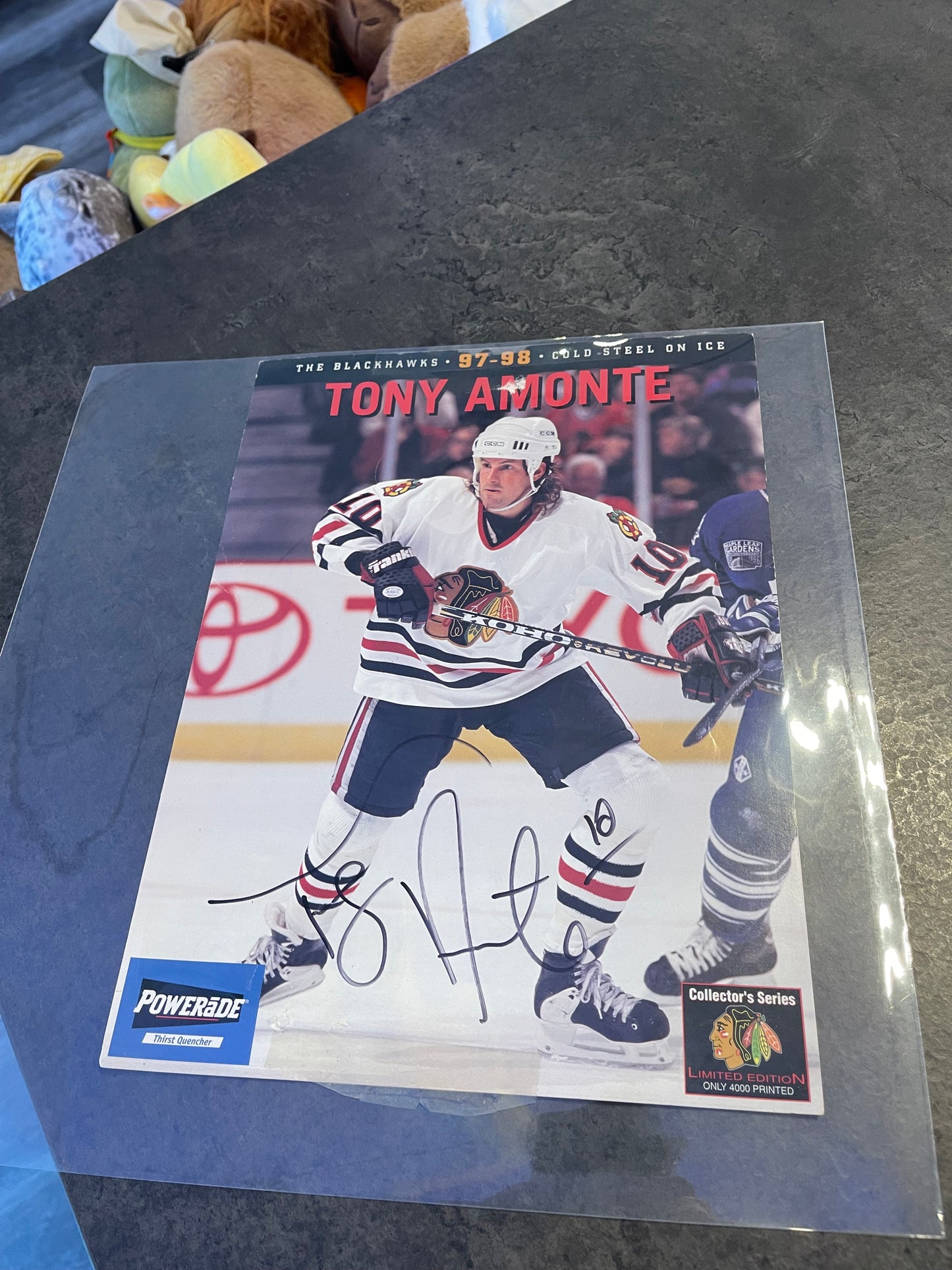 Blackhawks Belfour Puck and Almonte Autograph