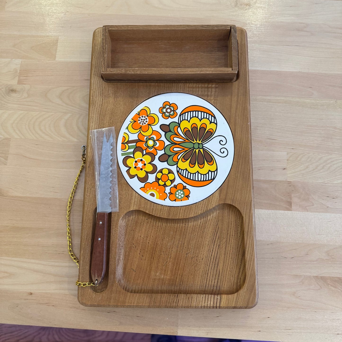 Wooden Cheese Board Set Floral Ceramic Tile & Cheese Knife Tray