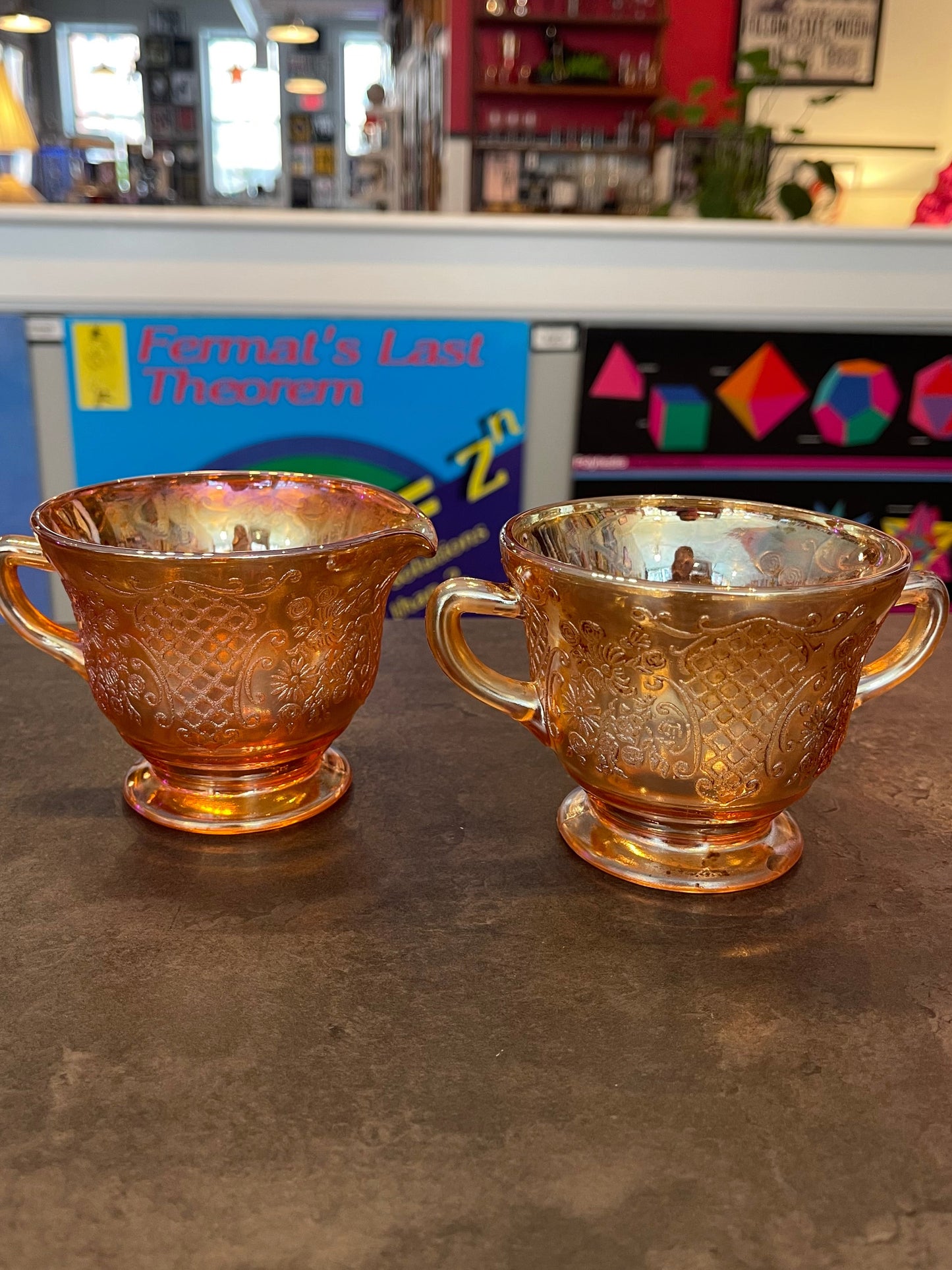 Marigold Carnival Glass Sugar and Creamer