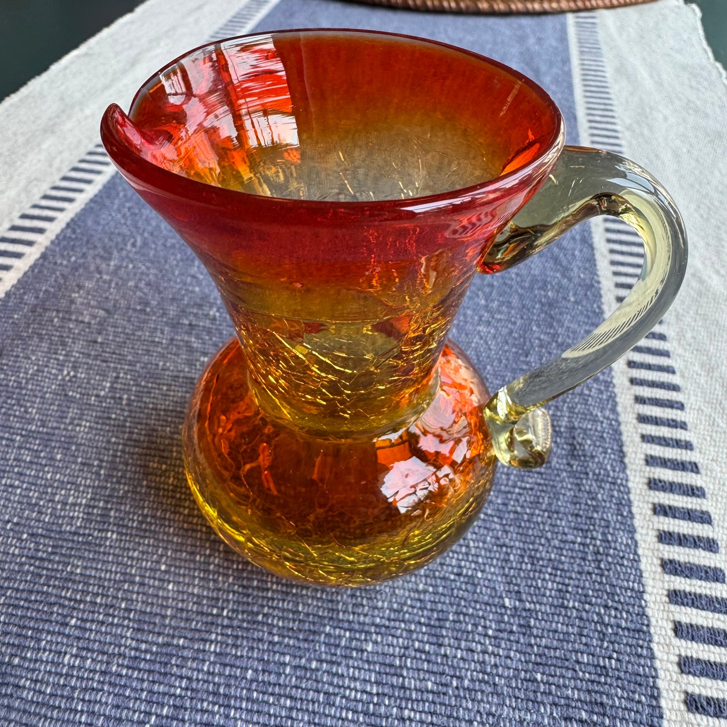 Hand-Blown Red & Yellow Amberina Crackled Glass Creamer
