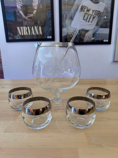 Set of 6 Cocktail Glasses with Silver Band / Striped Rims – Mid-Century Modern Barware